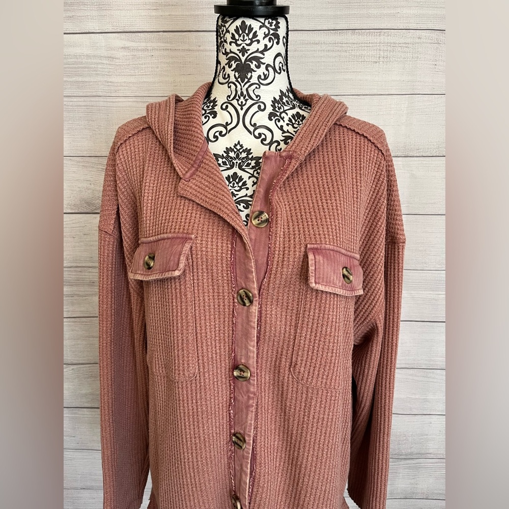 New In | Waffle Knit Hooded Button Down Top - Picture 2 of 8